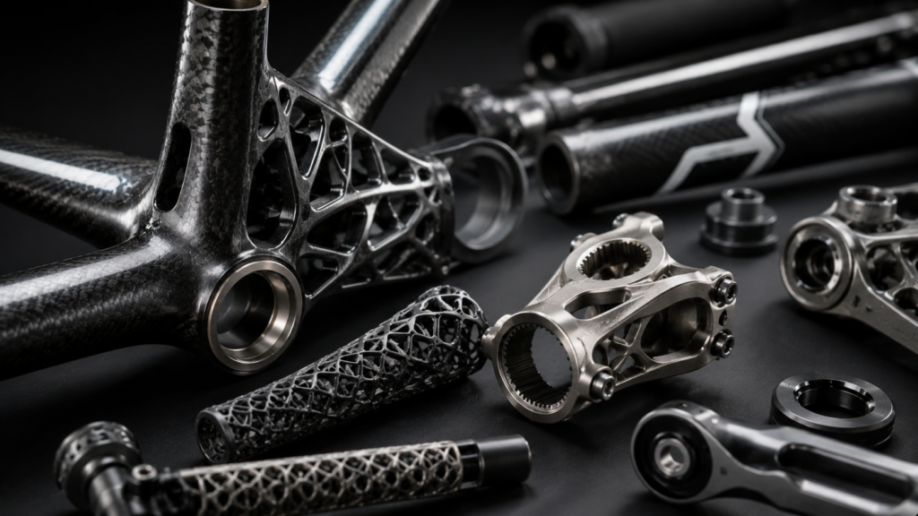 Close-up of 3D printed bicycle components with lightweight lattice structures and advanced materials