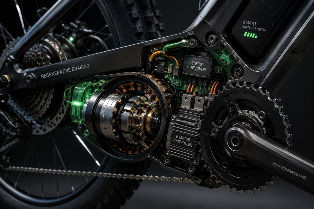 Close-up of e-bike regenerative braking system with energy recovery sensors and smart components