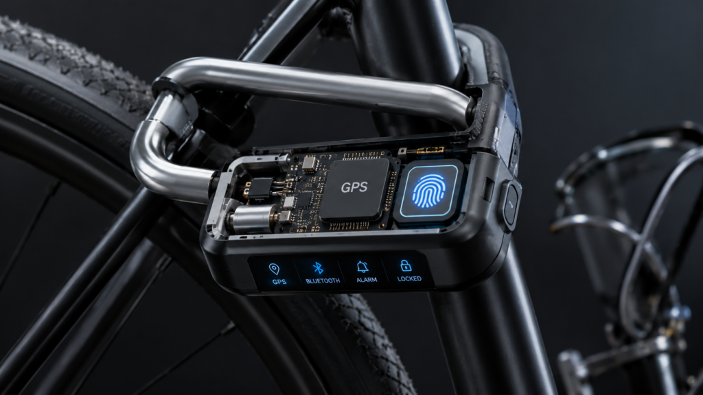 Close-up of smart bicycle lock with biometric security, GPS tracking, and connected sensors