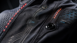 Close-up of smart cycling fabric with embedded sensors and advanced wearable technology materials