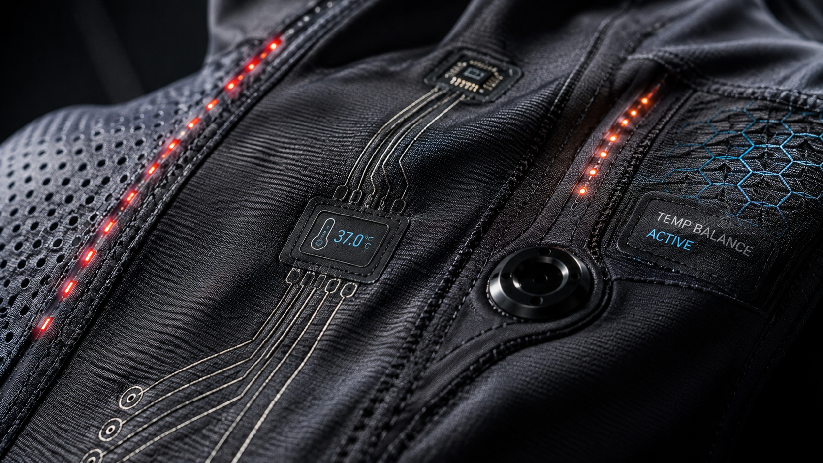 Close-up of smart cycling fabric with embedded sensors and advanced wearable technology materials