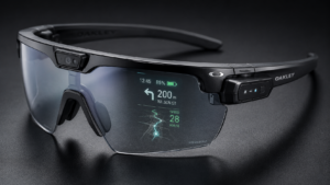 Close-up of smart cycling glasses with AR display lens, sensors, and wireless technology