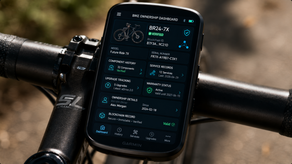 Cycling computer showing digital bike ownership dashboard with service and component records