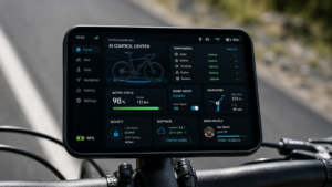 Cycling computer showing smart bicycle operating system dashboard with AI controls and settings