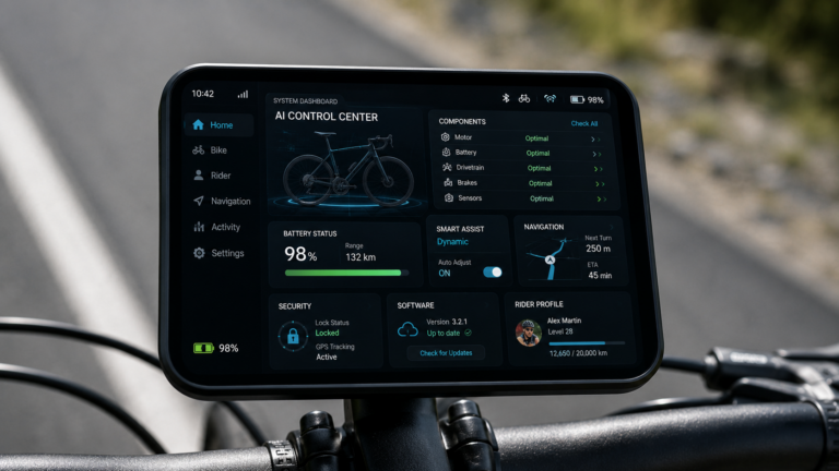 Cycling computer showing smart bicycle operating system dashboard with AI controls and settings