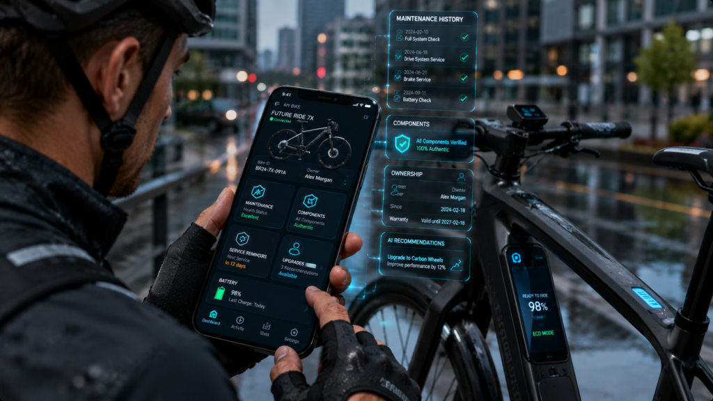 Cyclist managing connected bicycle ownership platform with digital service records