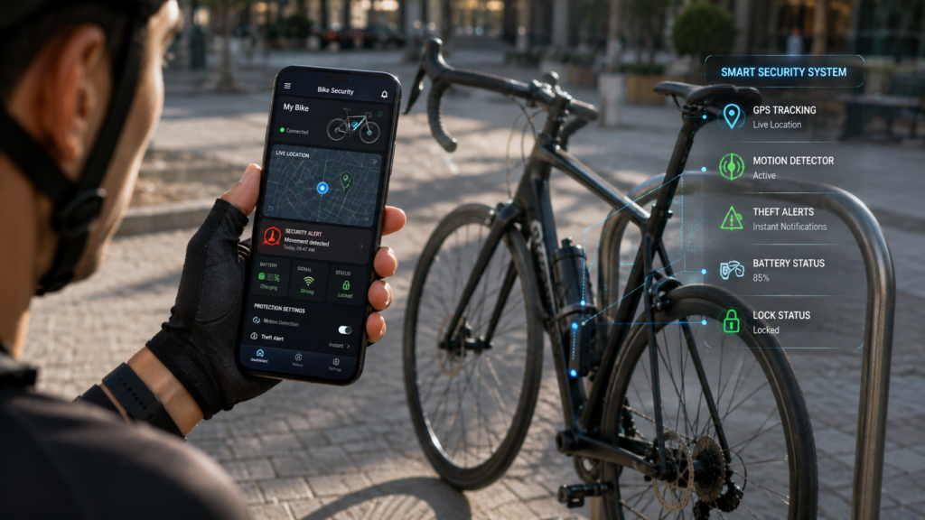Cyclist monitoring smart bike security app with GPS tracking and theft detection alerts