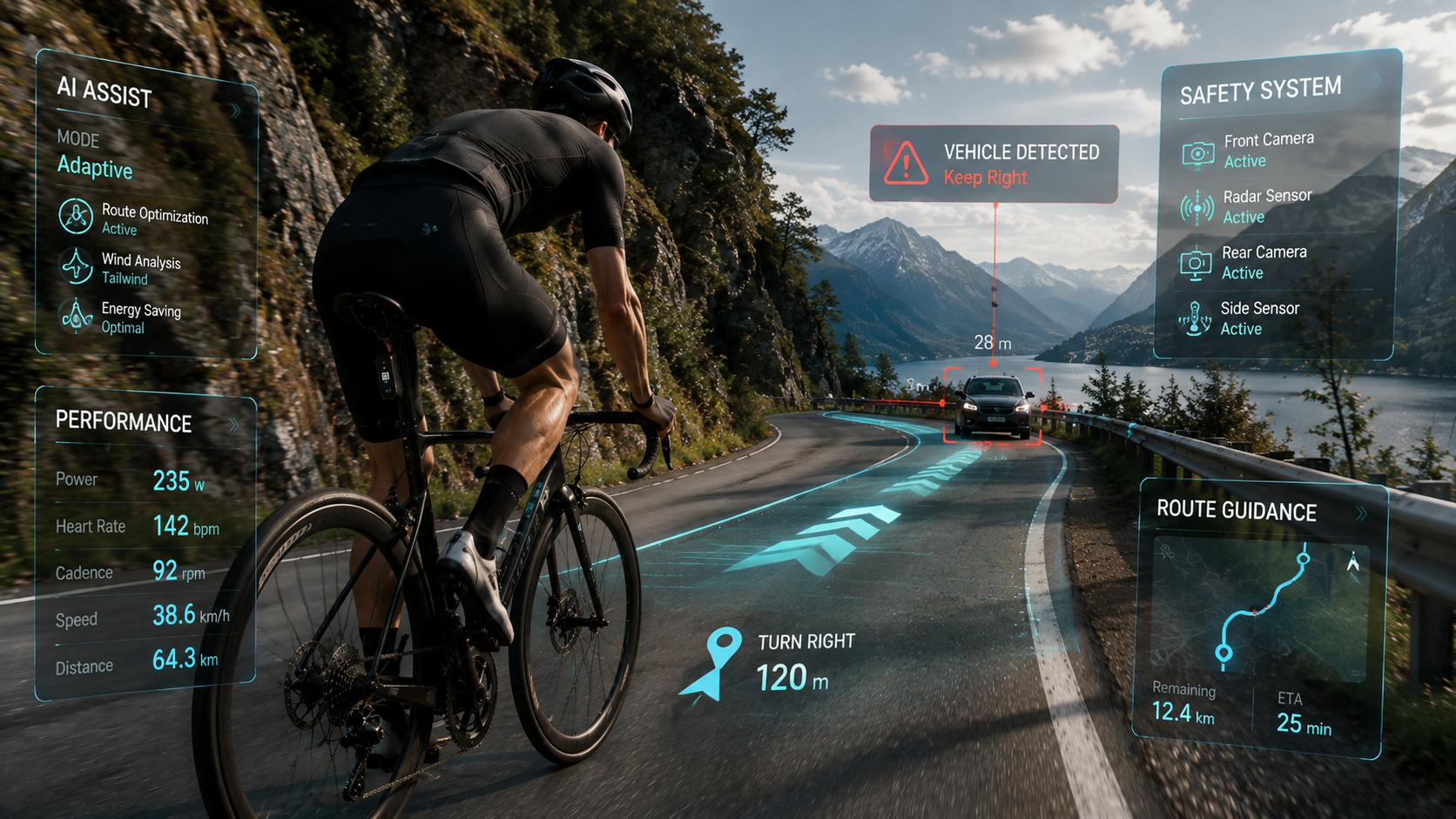 Cyclist riding AI-assisted smart bicycle with hazard detection, navigation, and performance monitoring technology