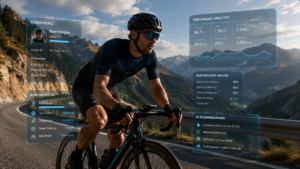 Cyclist riding AI personalized smart bike with adaptive settings and rider behavior analysis