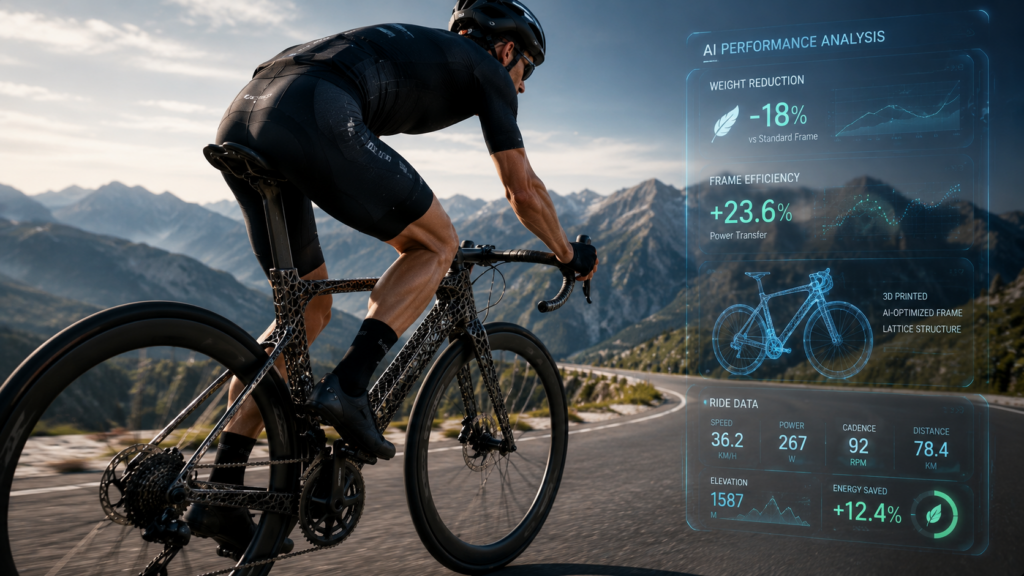 Cyclist riding custom 3D printed bicycle with AI optimized frame and performance data