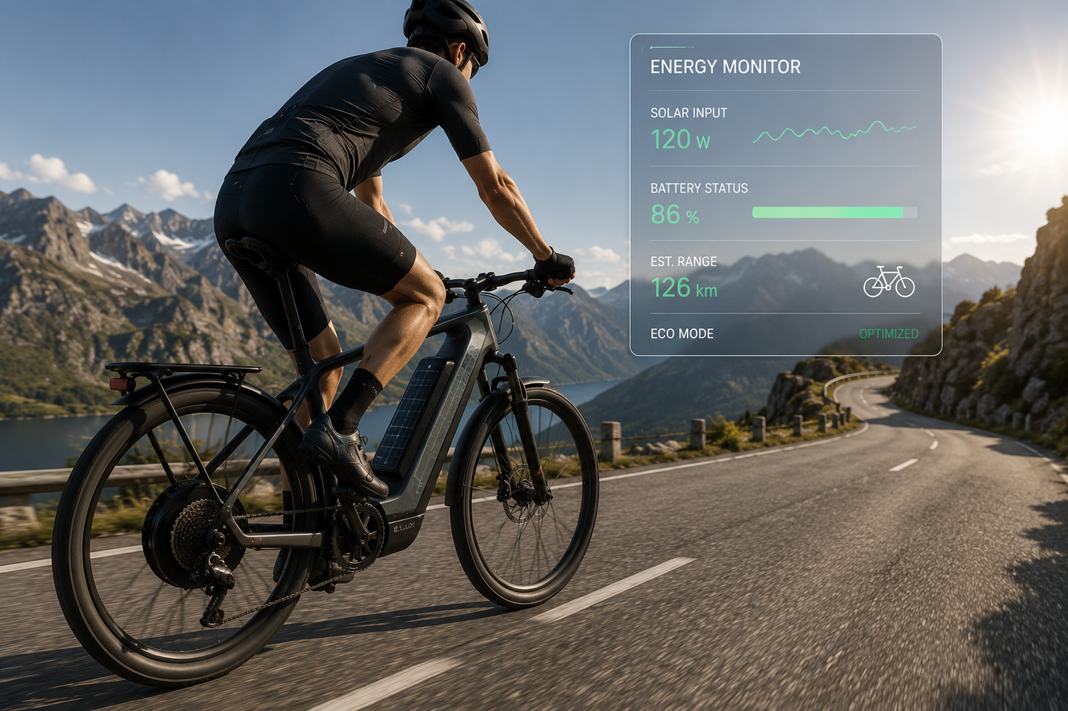 Cyclist riding solar-assisted e-bike with smart battery monitoring and renewable energy technology