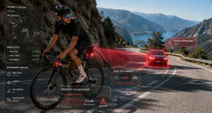 Cyclist using AI bicycle safety system with predictive collision detection and smart hazard alerts
