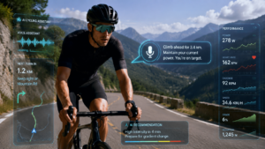 Cyclist using AI cycling assistant with voice guidance, navigation, and real-time performance feedback
