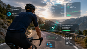 Cyclist using AI digital riding companion with voice coaching