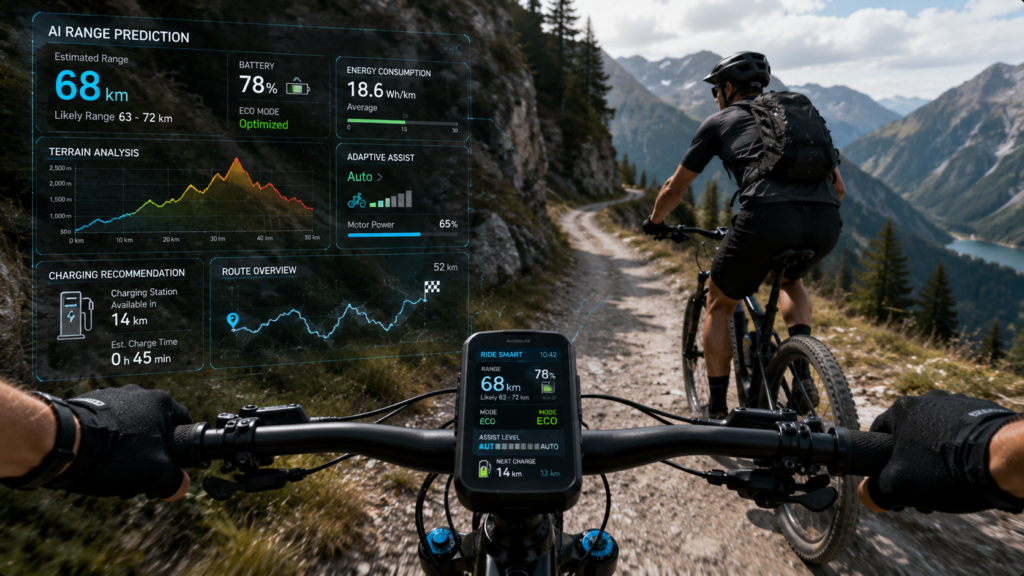 Cyclist using AI e-bike range prediction and intelligent power management technology