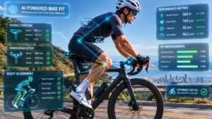 Cyclist using AI-generated bike fit setup with personalized position and performance data