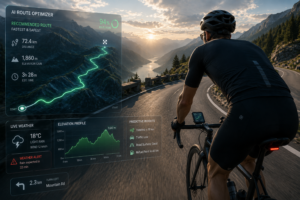 Cyclist using AI navigation system showing predictive route planning, elevation, and weather alerts