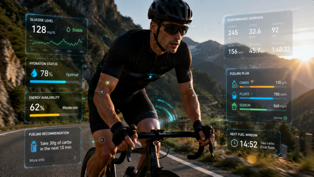 Cyclist using AI nutrition system with glucose monitoring and personalized fueling recommendations