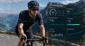 Cyclist using AI recovery sensors with fatigue tracking and biometric performance analytics during training