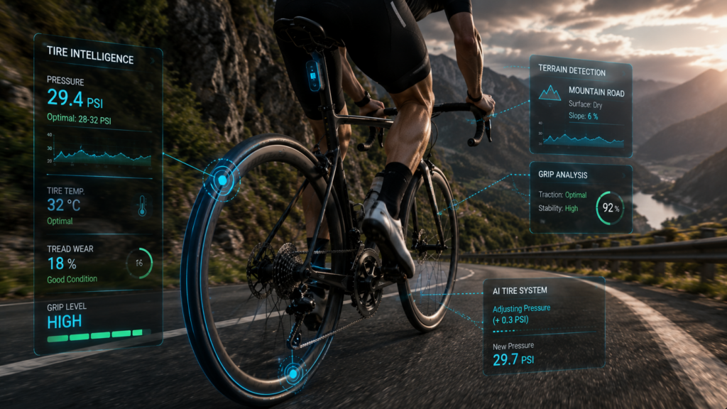 Cyclist using AI smart tire system with pressure monitoring and terrain detection technology