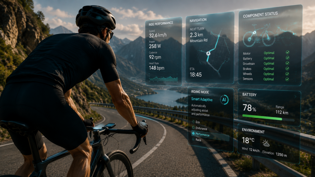 Cyclist using connected smart bicycle with AI operating system and real-time performance data