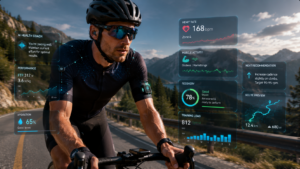 Cyclist using connected wearable ecosystem with smart gear and biometric performance monitoring