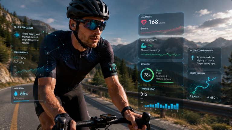 Cyclist using connected wearable ecosystem with smart gear and biometric performance monitoring