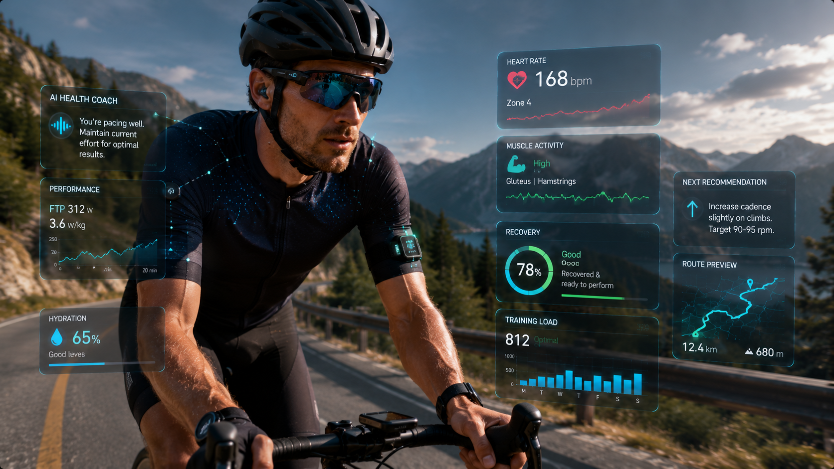 Cyclist using connected wearable ecosystem with smart gear and biometric performance monitoring