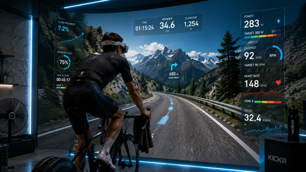 Cyclist using mixed reality training system with virtual mountain routes