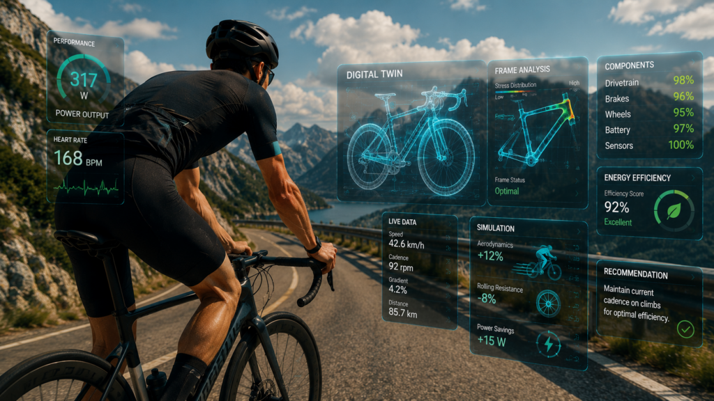 Cyclist using smart bicycle digital twin technology with real-time performance monitoring