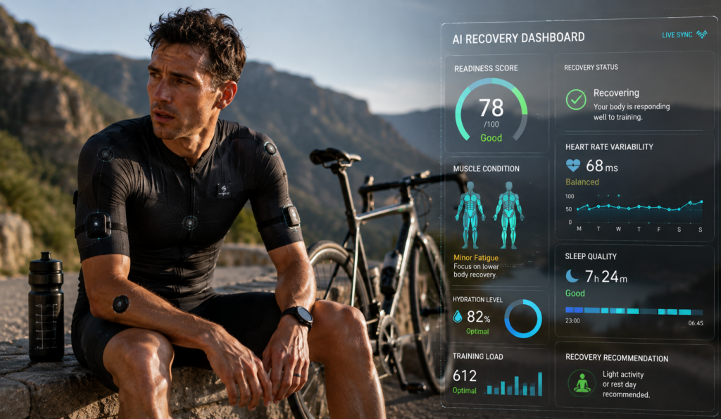 Cyclist using smart recovery clothing with AI readiness score and biometric monitoring technology