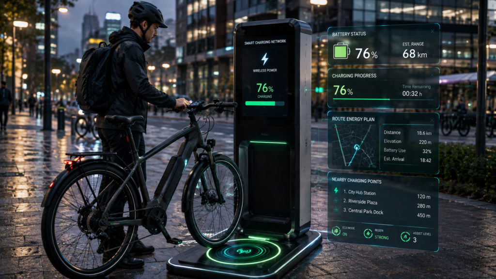 Cyclist using smart wireless e-bike charging network with battery monitoring display