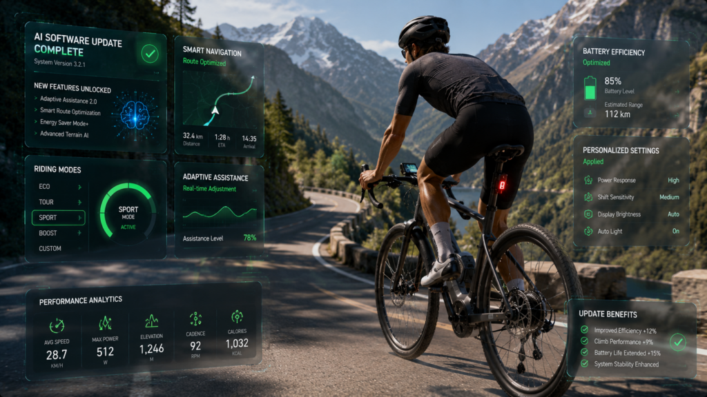 Cyclist using software-defined smart bicycle with updated AI performance features