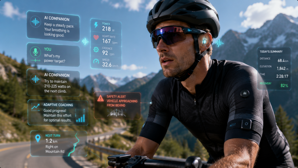 Cyclist using voice-controlled AI cycling companion with wearable technology