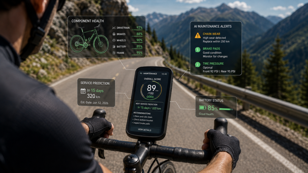 Cyclist viewing AI bike maintenance dashboard with component health and repair predictions