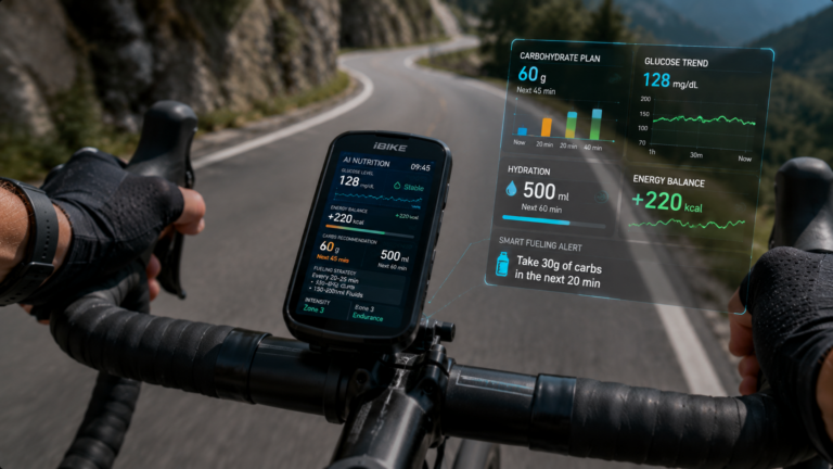 Cyclist viewing AI fueling dashboard with glucose trends and personalized nutrition guidance