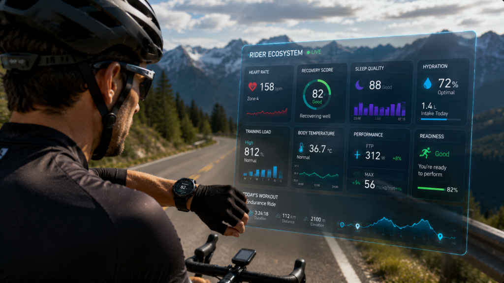 Cyclist viewing unified wearable platform with health data and performance analytics