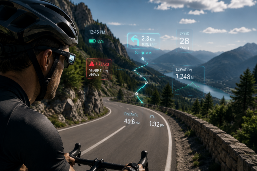 Cyclist wearing AR smart cycling glasses displaying navigation, hazard alerts, and ride data
