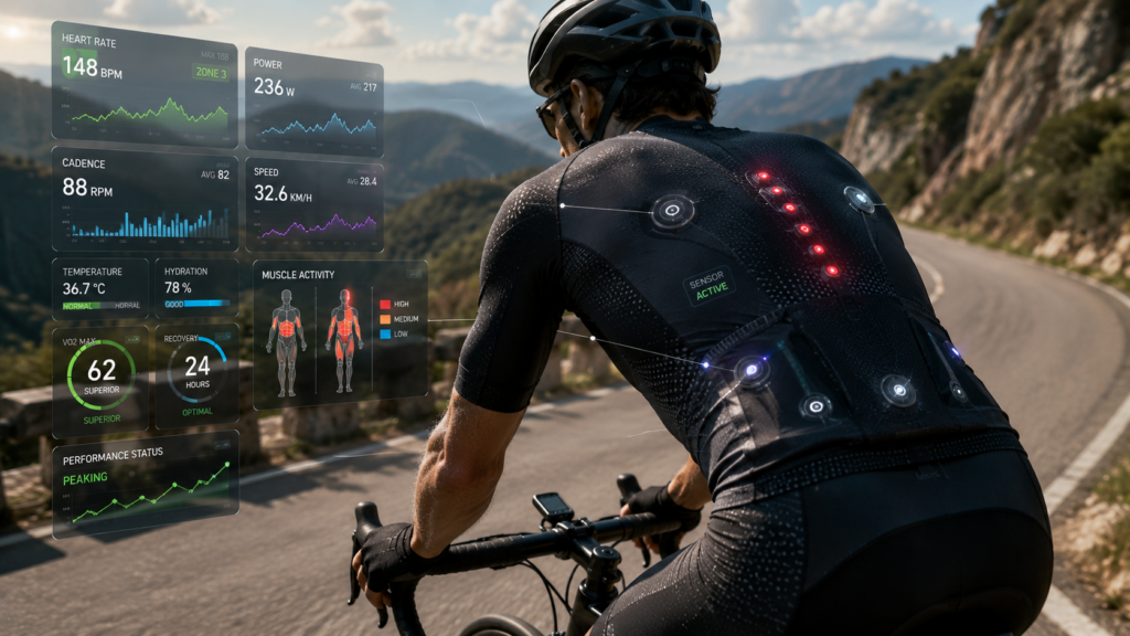 Cyclist wearing smart cycling jersey with biometric sensors and real-time performance monitoring technology