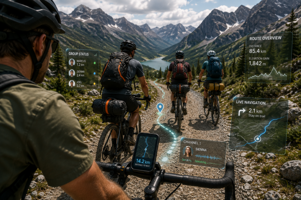 Cyclists using connected GPS navigation systems with shared AI route data during adventure ride