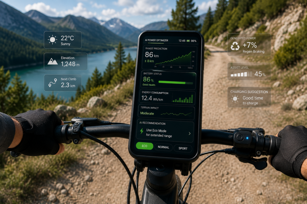 E-bike rider viewing AI battery optimization dashboard with range prediction and energy analytics