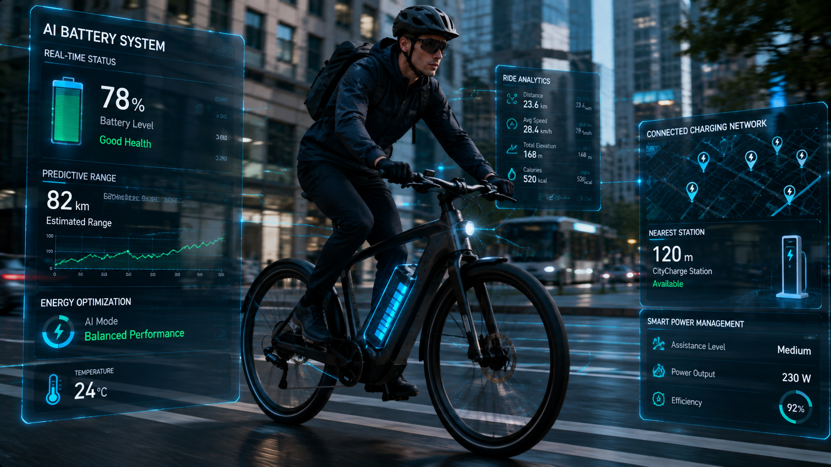 Electric bicycle using AI battery management system with predictive range and energy optimization