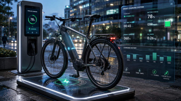 Electric bicycle using wireless charging station with smart battery automation
