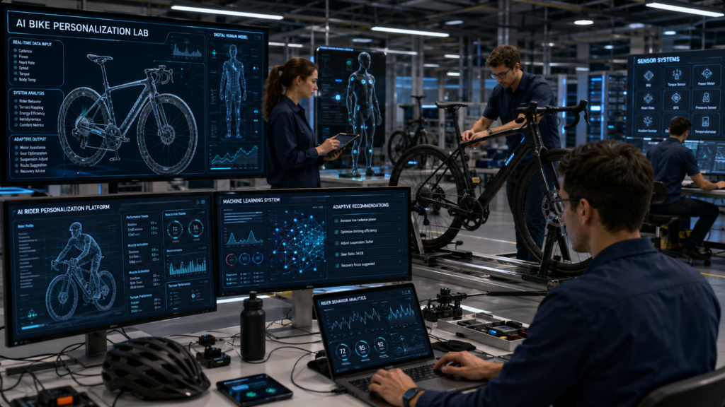 Engineers developing AI bicycle personalization systems with smart bike analytics technology