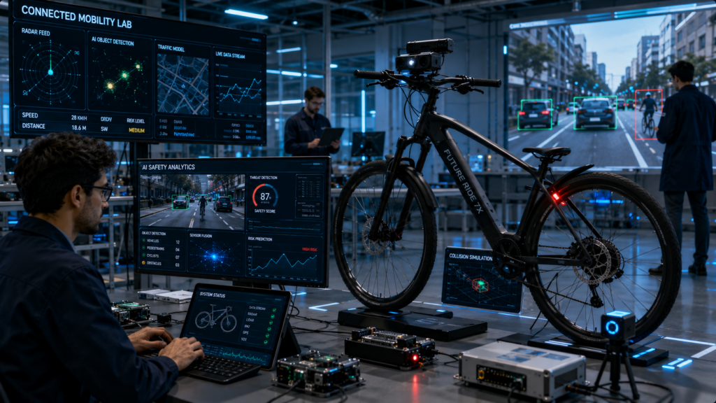 Engineers developing AI bicycle safety systems with collision simulation technology