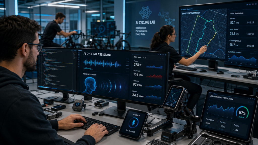 Engineers developing AI cycling assistant software with smart bike technology and digital analytics