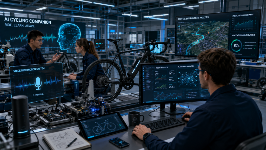 Engineers developing AI cycling companion technology with smart bike systems