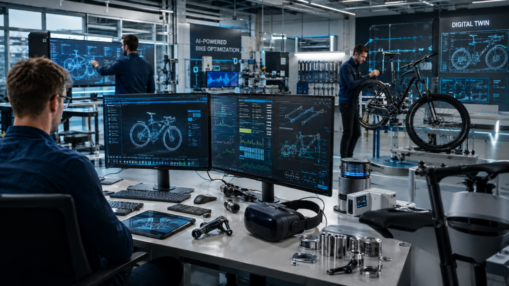 Engineers developing bicycle digital twin technology with AI simulations and sensor analytics
