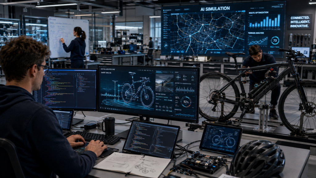 Engineers developing smart bicycle operating system software with AI simulations and connected bike technology