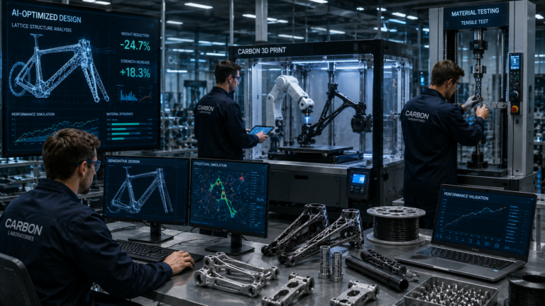Engineers testing 3D printed bicycle components with AI design and manufacturing technology